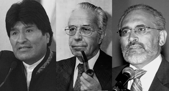 Evo Morales, Víctor Paz y Carlos de Mesa, considerados en una encuesta realizada en 2013, los tres mejores presidentes del periodo democrático en Bolivia (1982-2013)