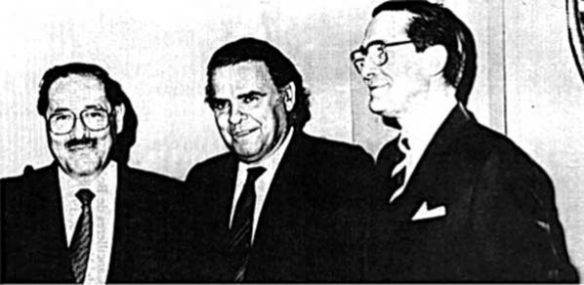 Guillermo Bedregal min. de RREE de Bolivia, Enrique Iglesias min. de RREE de Uruguay y Jaime del Valle min. de RREE de Chile